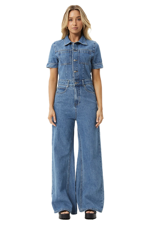 AFENDS MIAMI DENIM FLARED JUMPSUIT